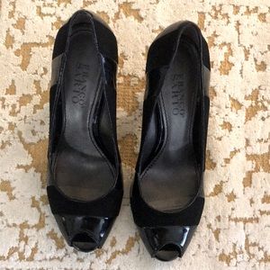 FRANCO SARTO Black Patent and Suede Peep Toe Heels